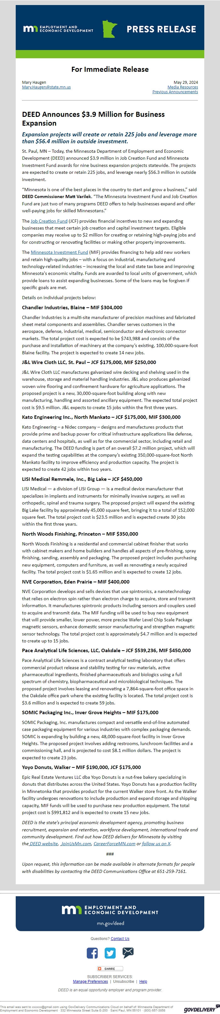 Screenshot of the email generated on import