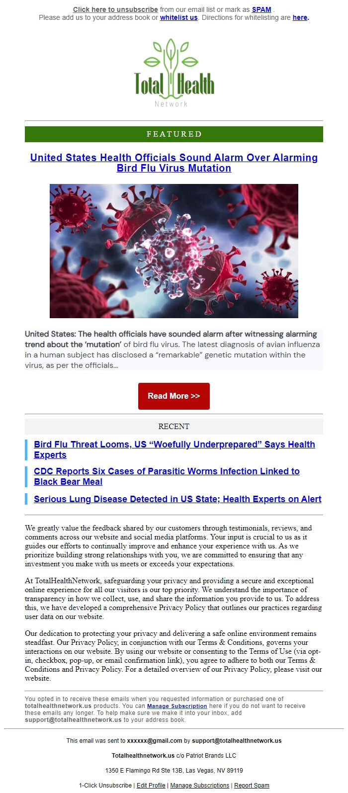 Screenshot of the email generated on import