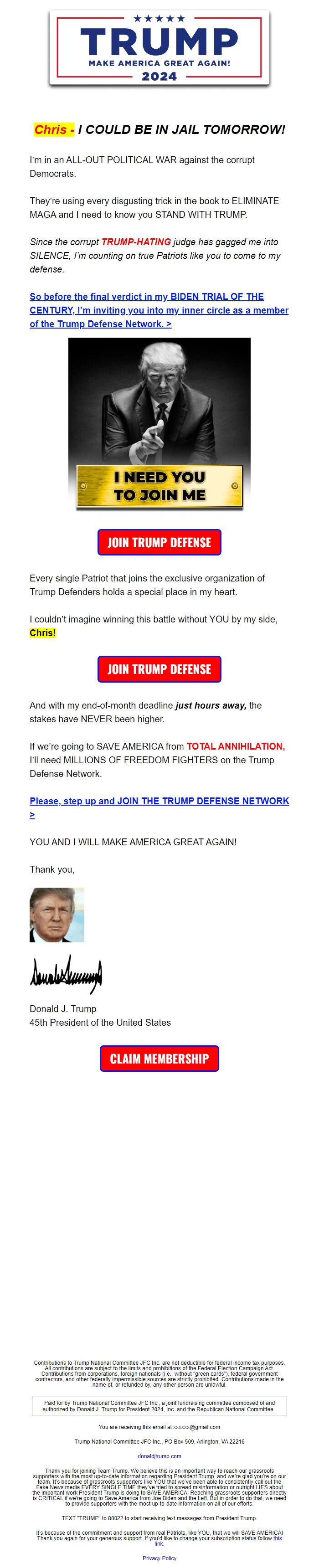 Screenshot of the email generated on import