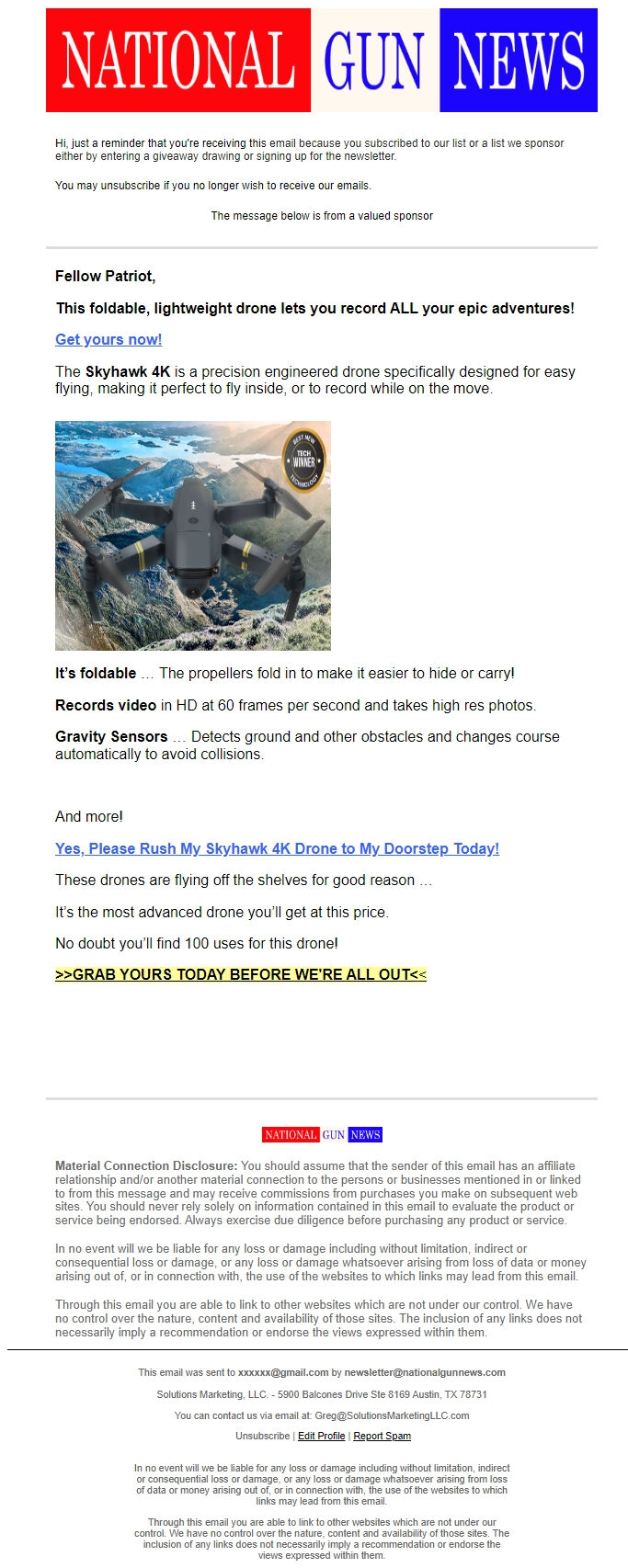 Screenshot of the email generated on import