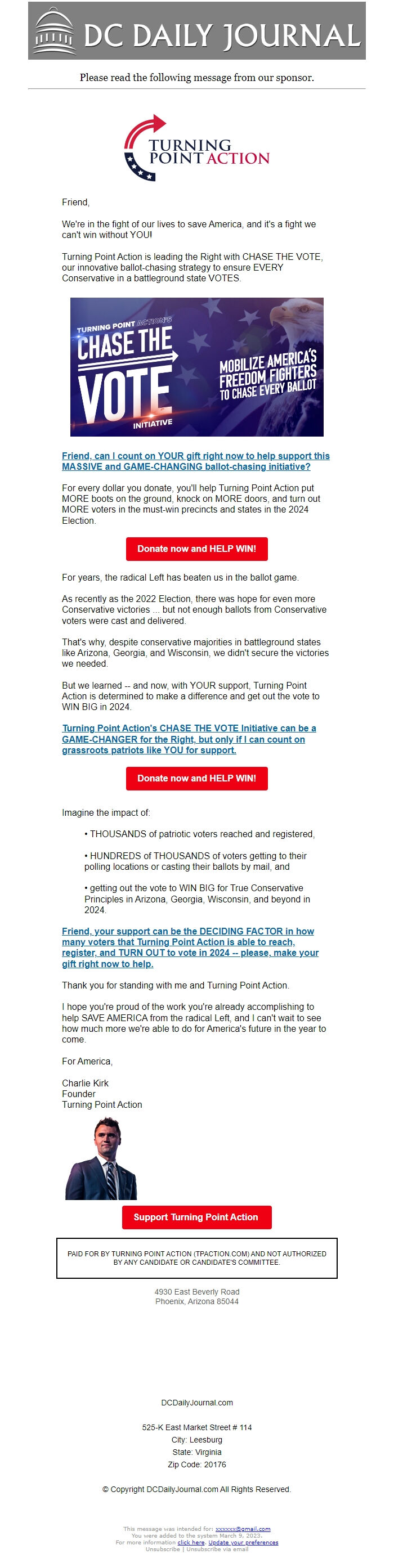 Screenshot of the email generated on import