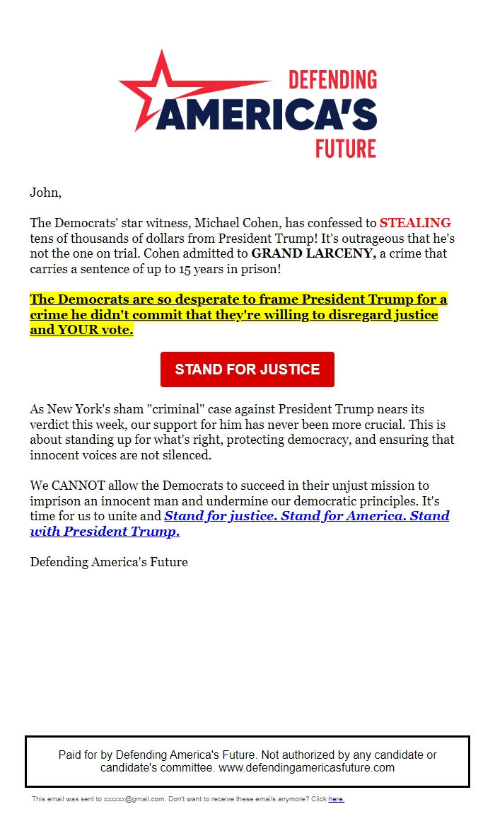 Screenshot of the email generated on import