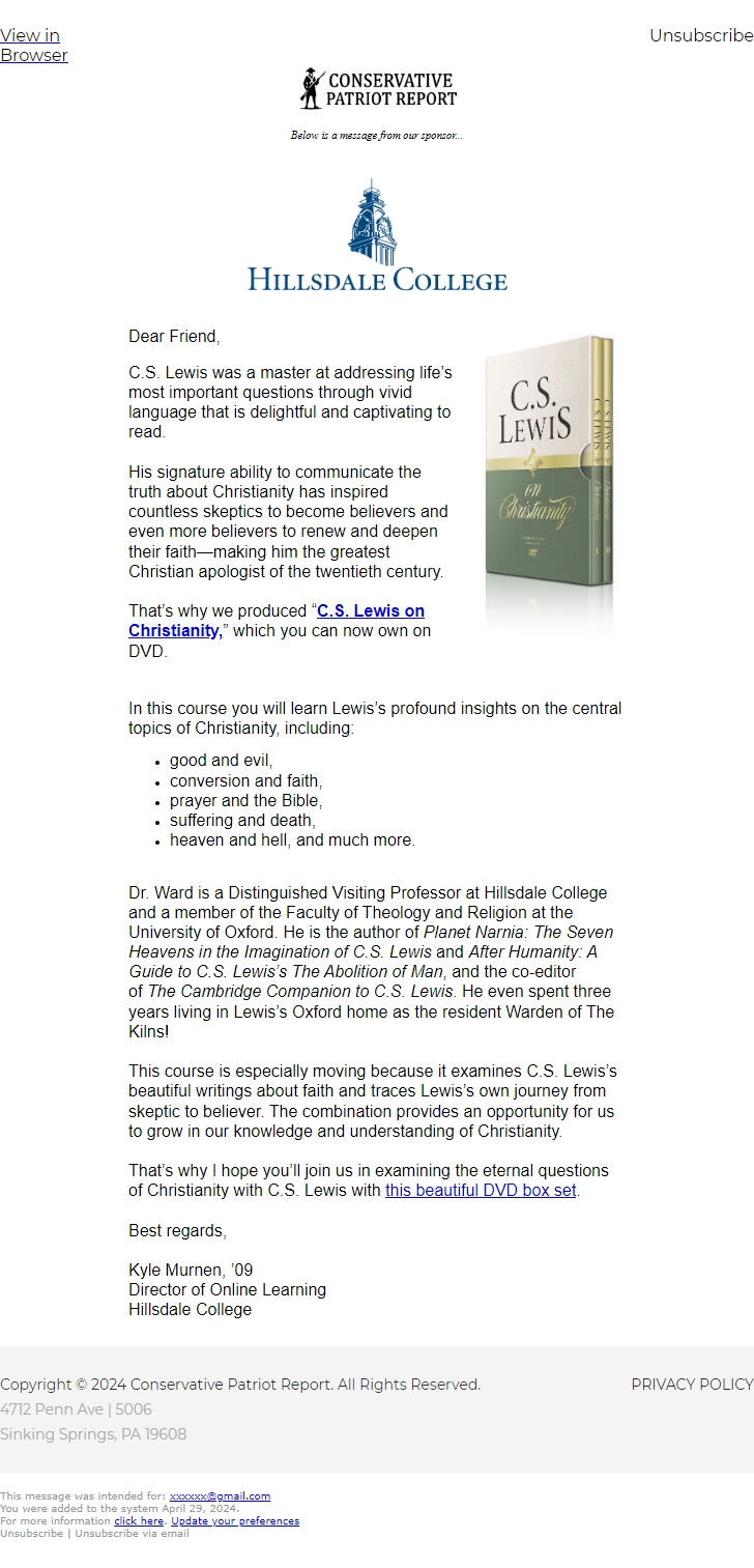 Screenshot of the email generated on import