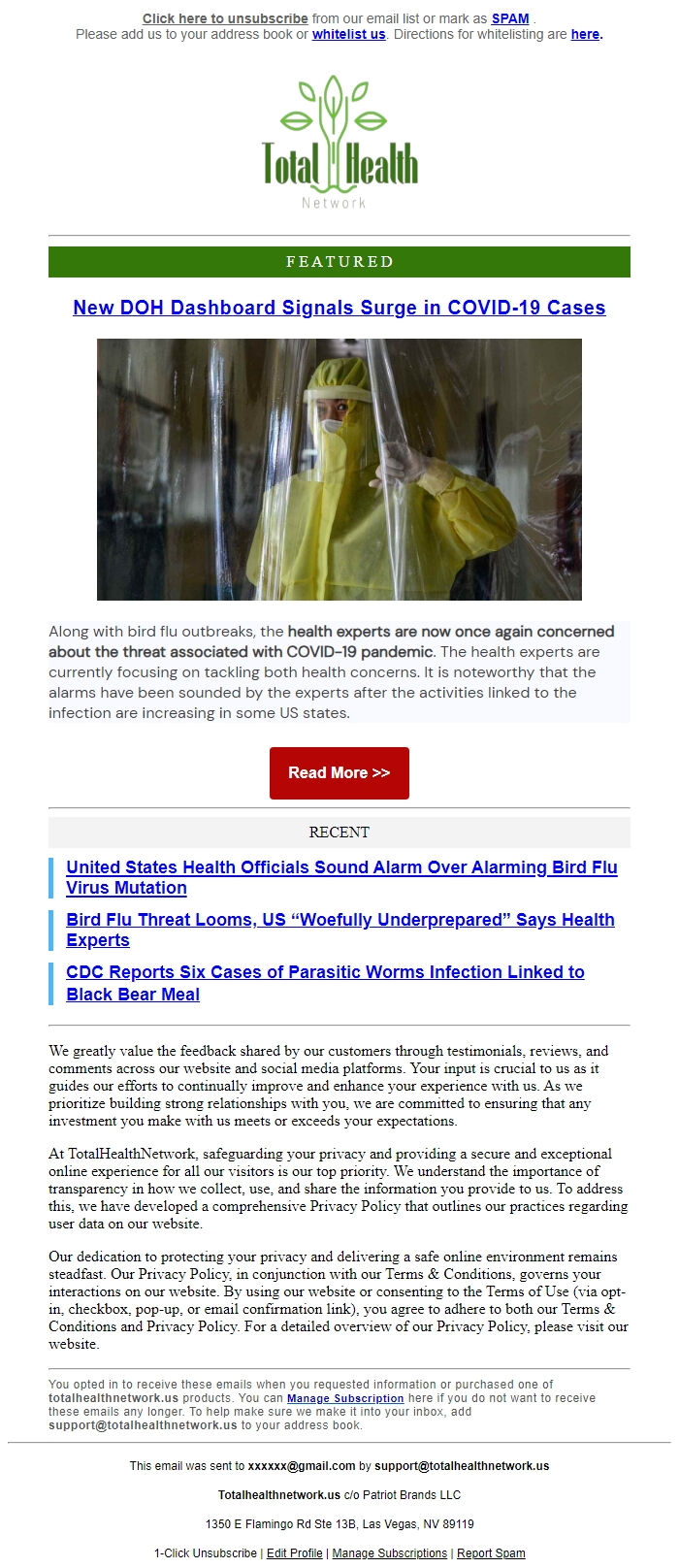 Screenshot of the email generated on import