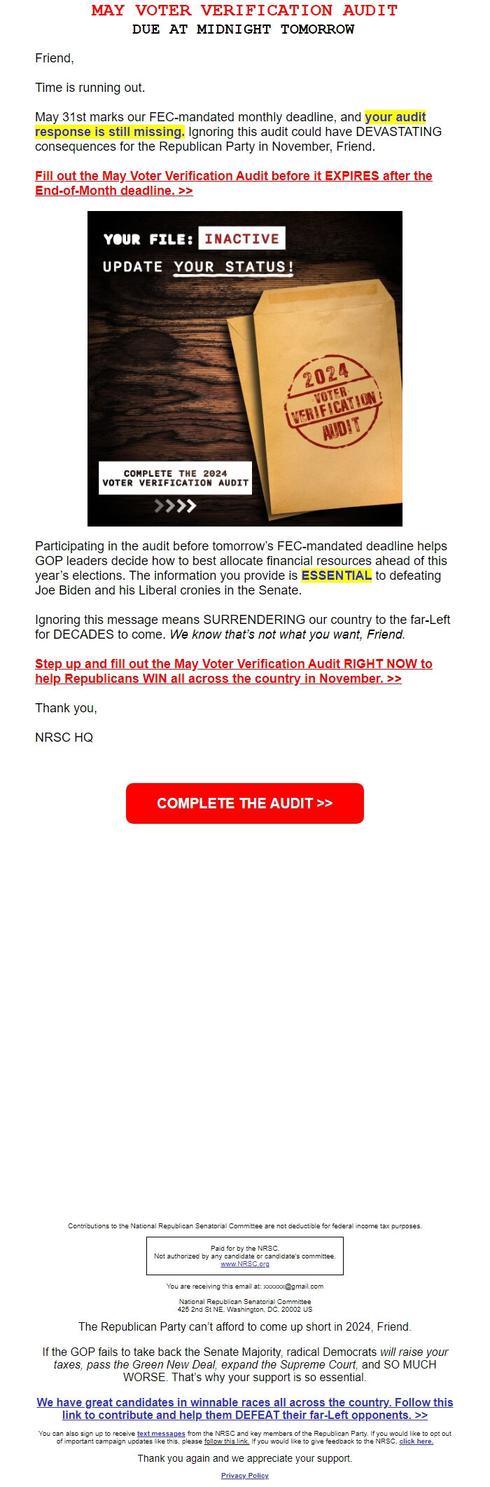 Screenshot of the email generated on import