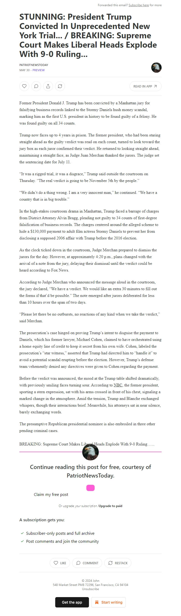 Screenshot of the email generated on import