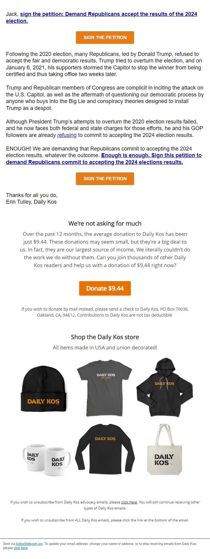 Screenshot of the email generated on import