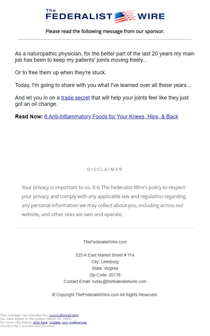 Screenshot of the email generated on import