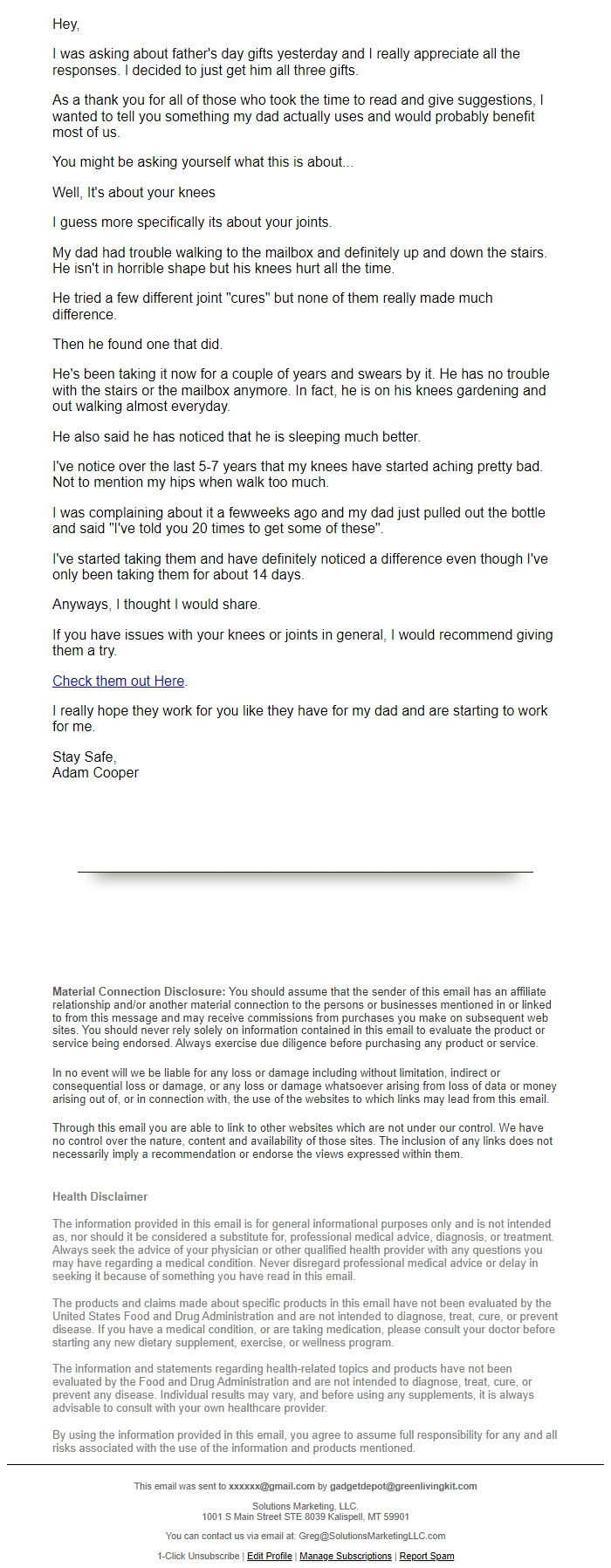 Screenshot of the email generated on import