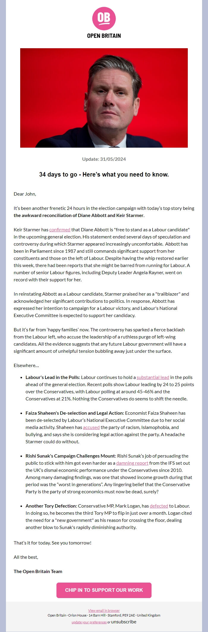 Screenshot of the email generated on import