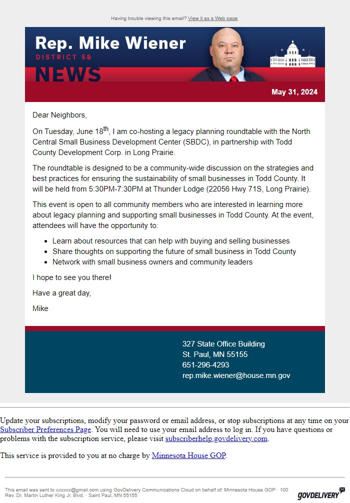 Screenshot of the email generated on import