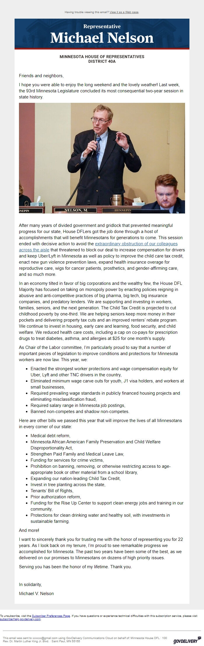 Screenshot of the email generated on import