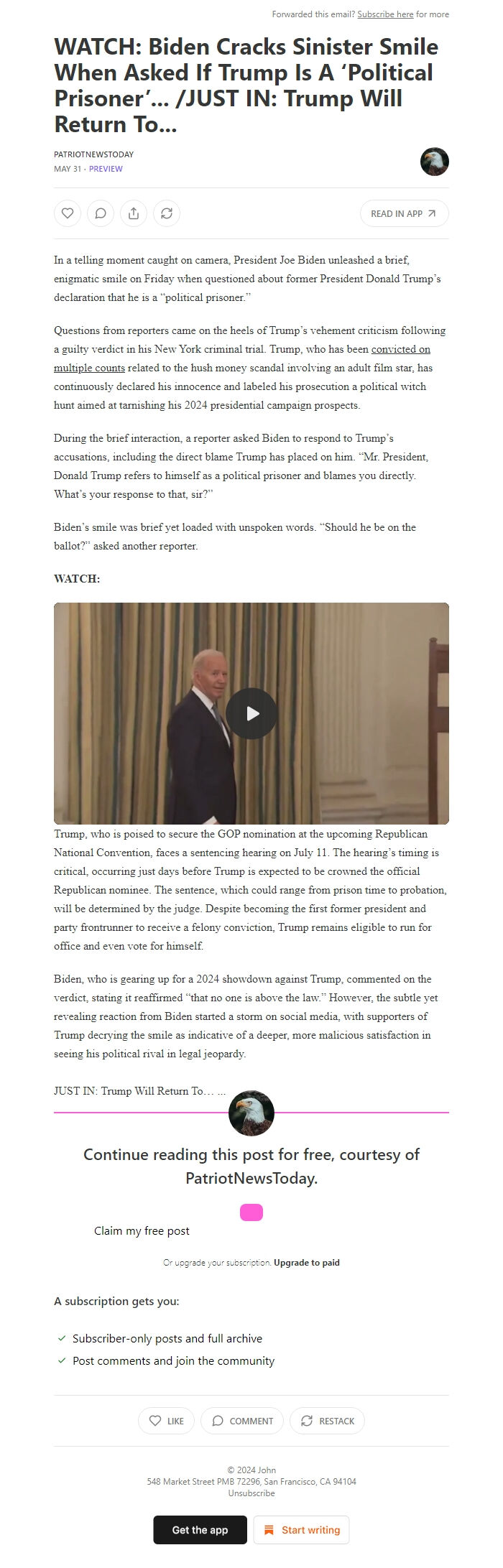 Screenshot of the email generated on import