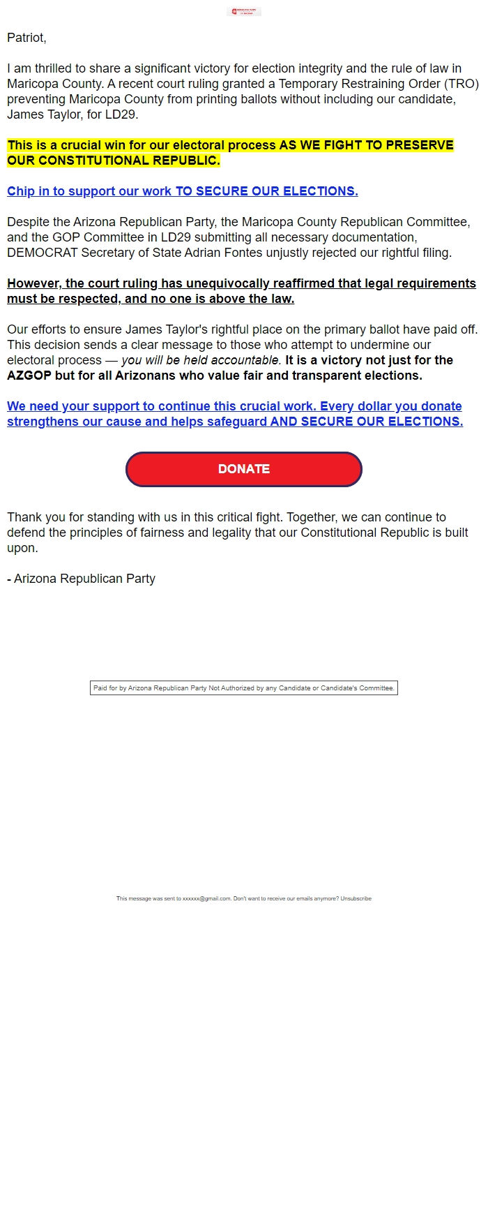 Screenshot of the email generated on import
