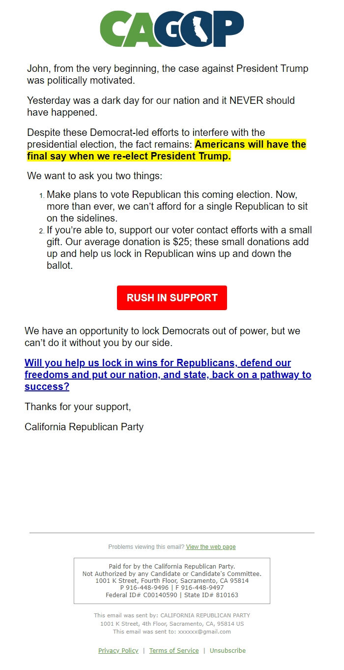 Screenshot of the email generated on import