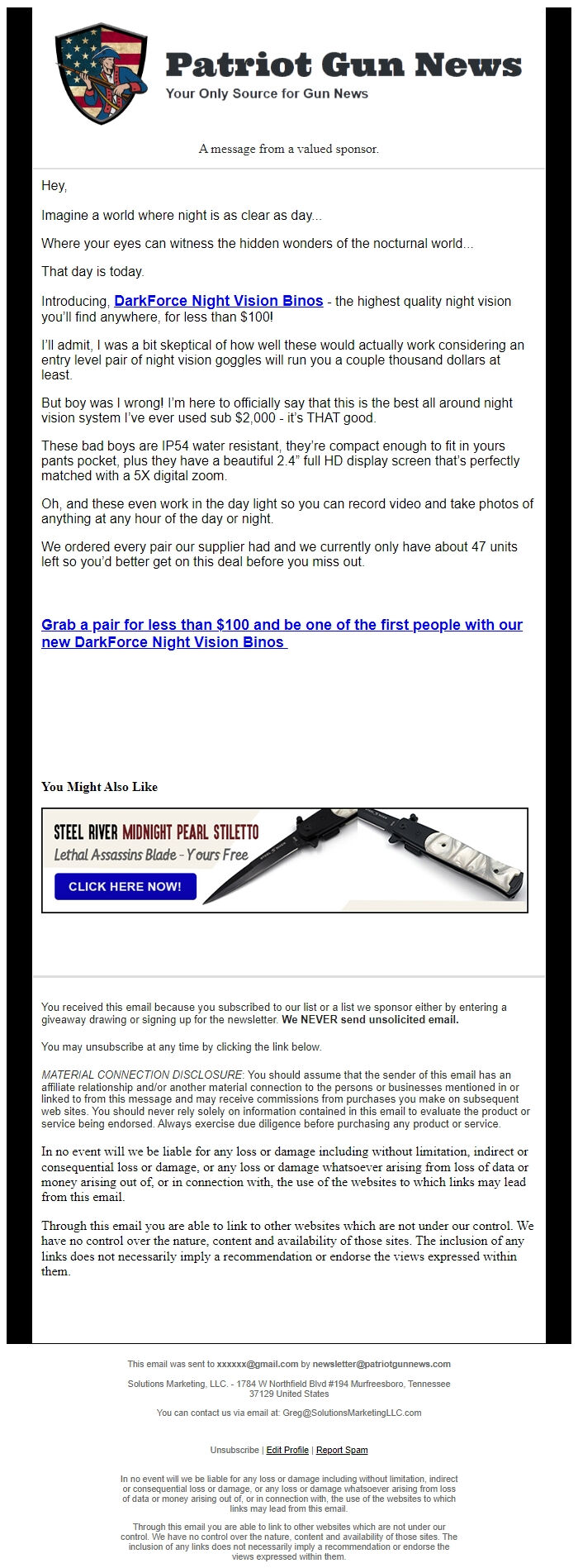 Screenshot of the email generated on import