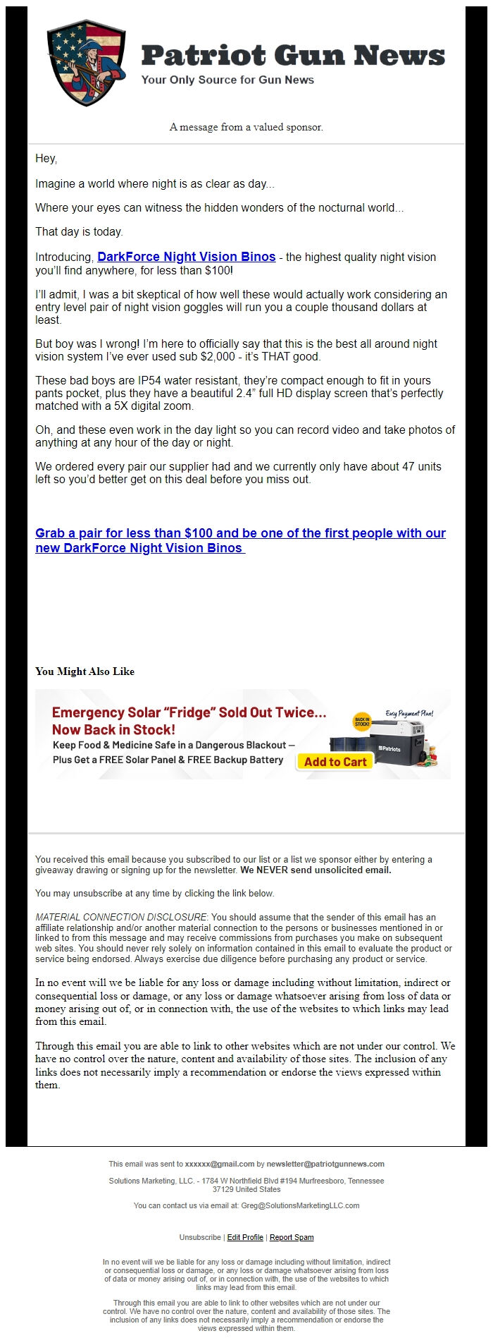 Screenshot of the email generated on import