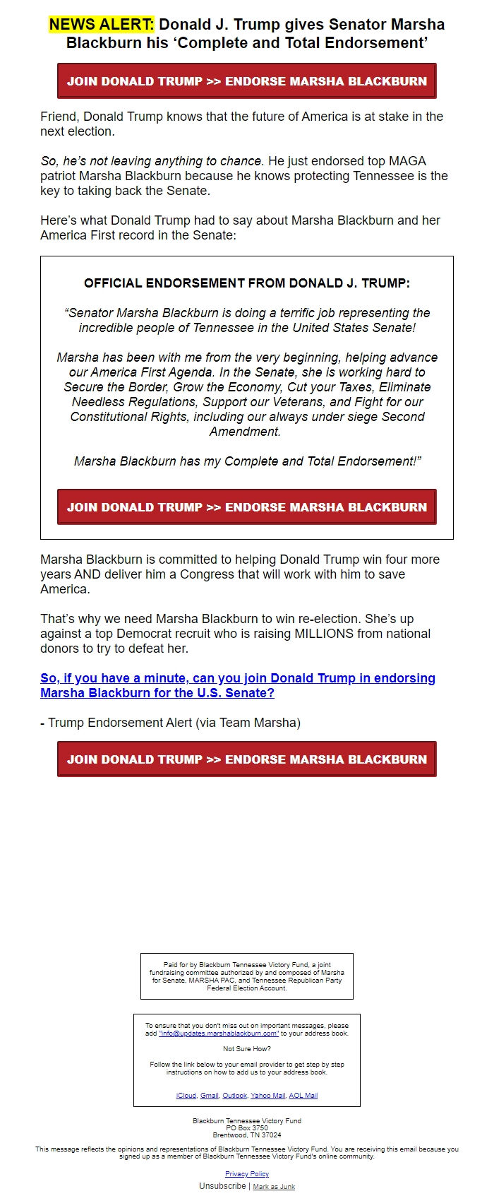 Screenshot of the email generated on import
