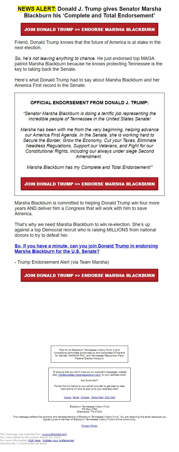 Screenshot of the email generated on import