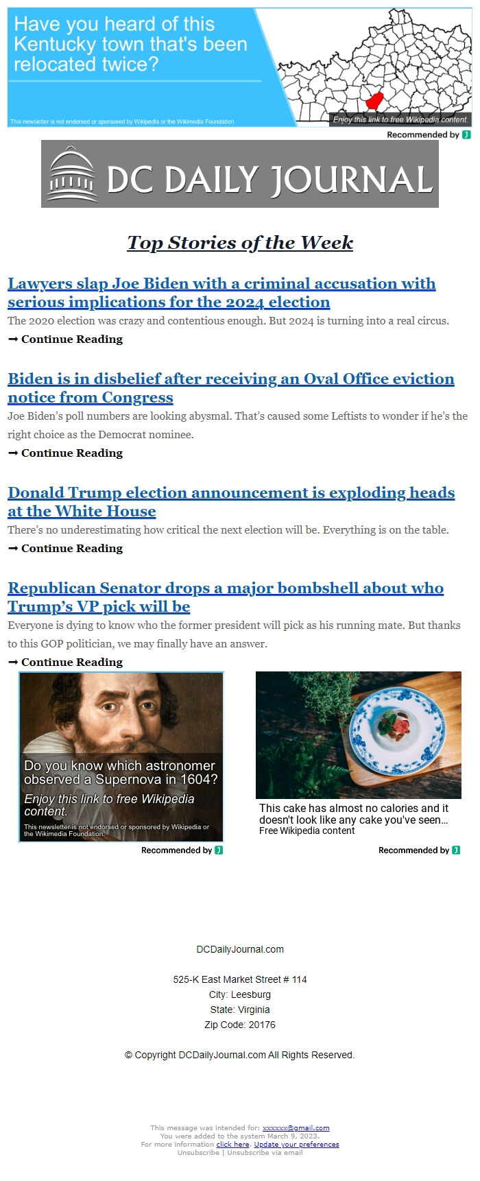 Screenshot of the email generated on import