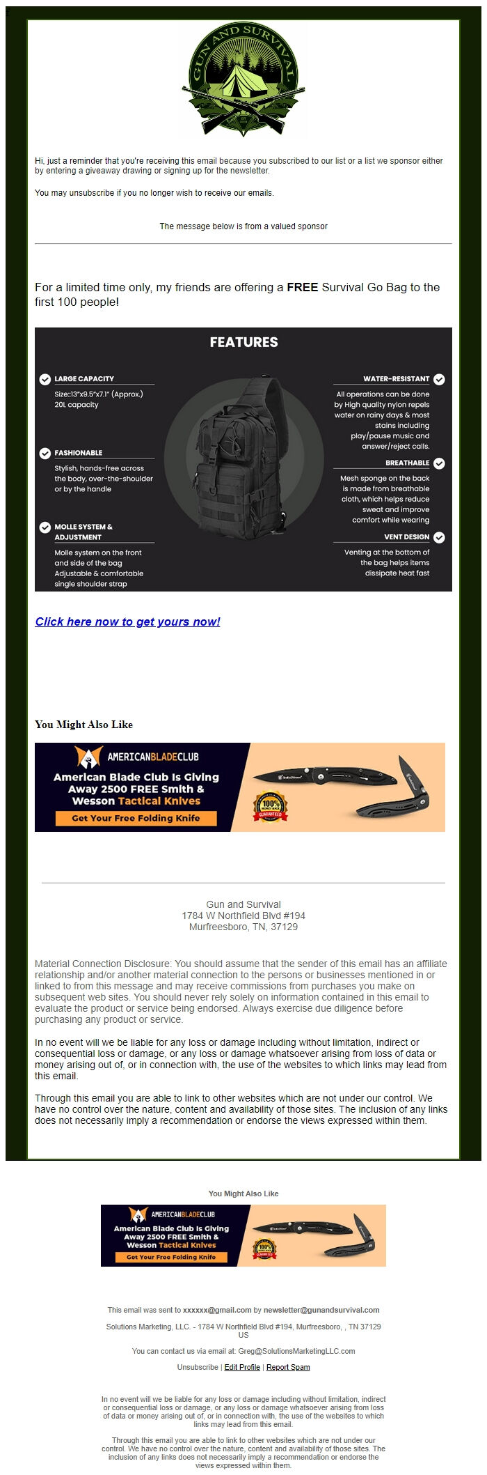 Screenshot of the email generated on import