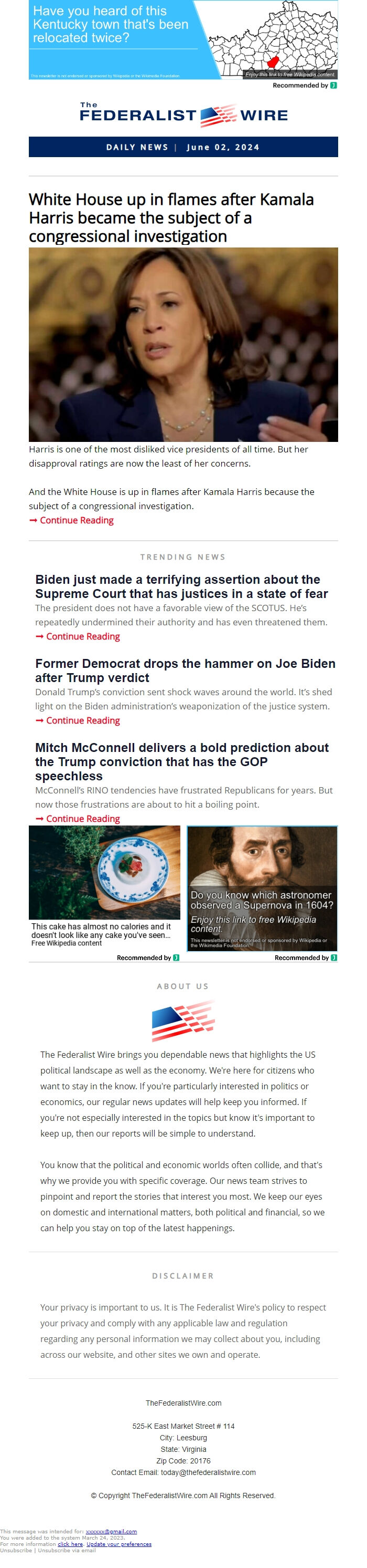 Screenshot of the email generated on import