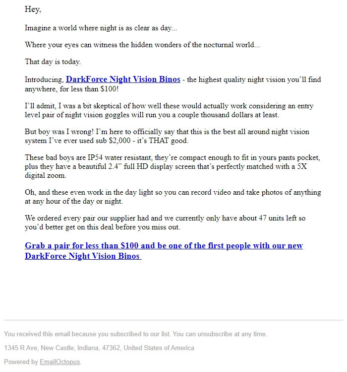 Screenshot of the email generated on import