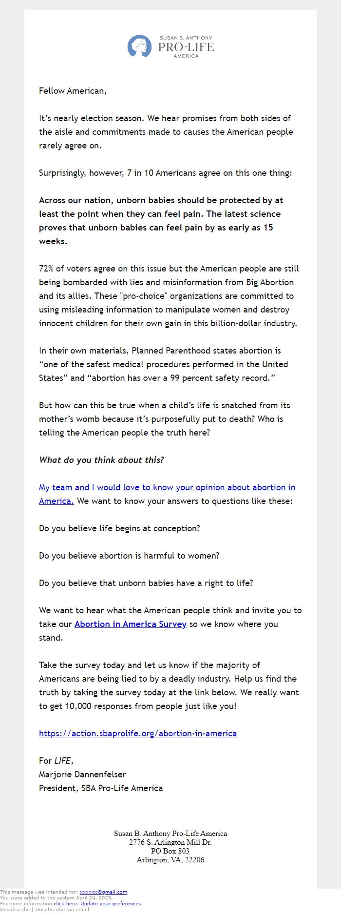 Screenshot of the email generated on import
