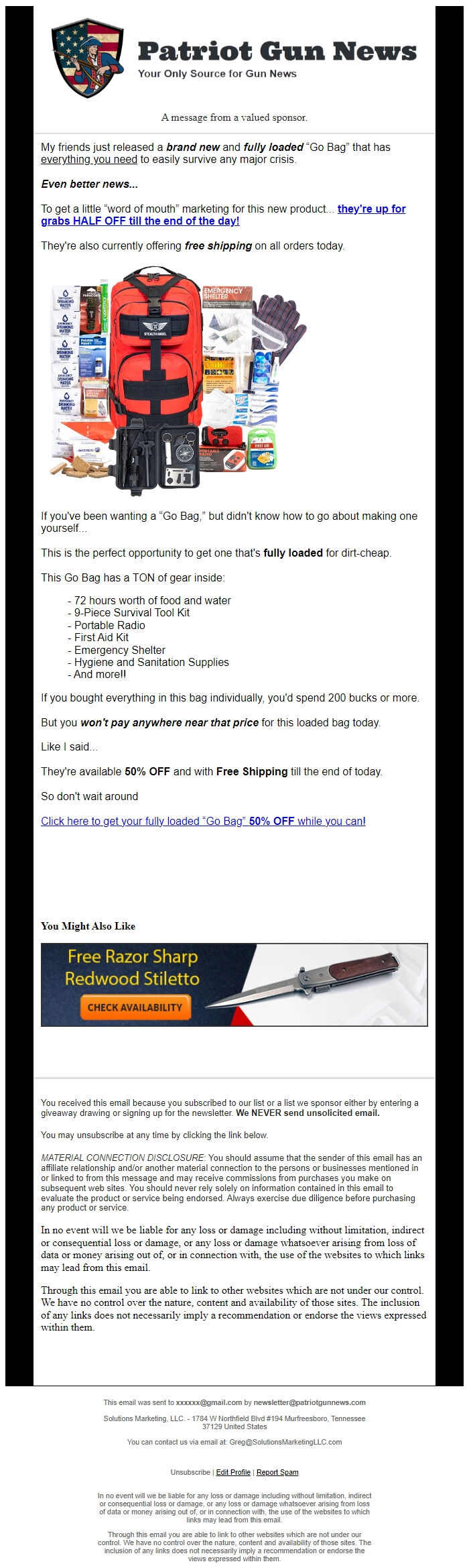 Screenshot of the email generated on import