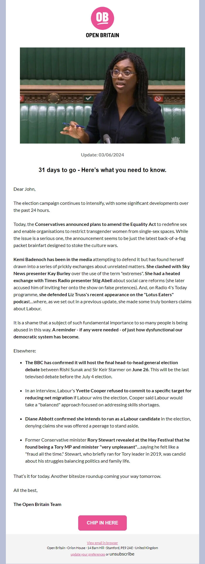 Screenshot of the email generated on import