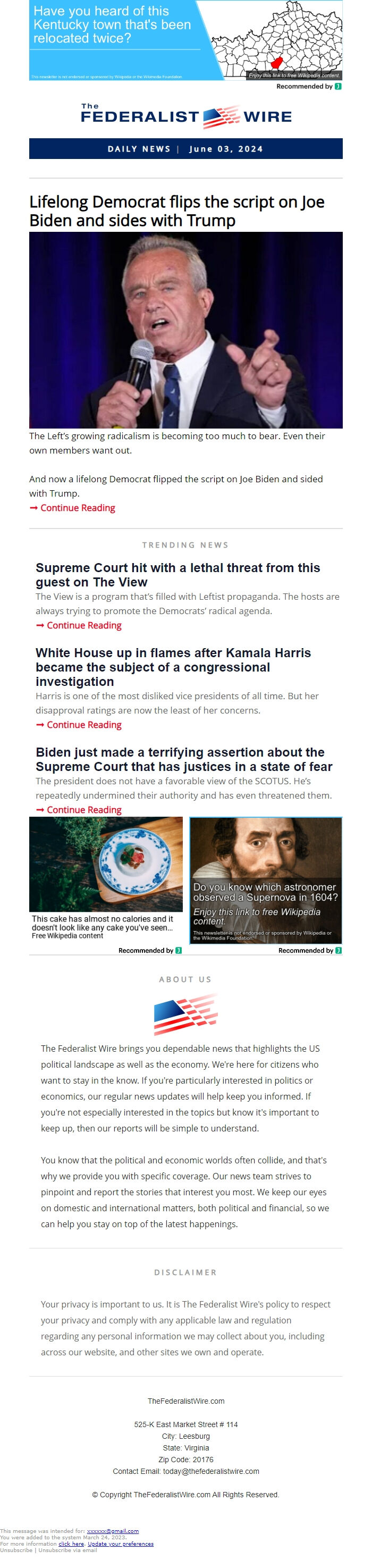 Screenshot of the email generated on import