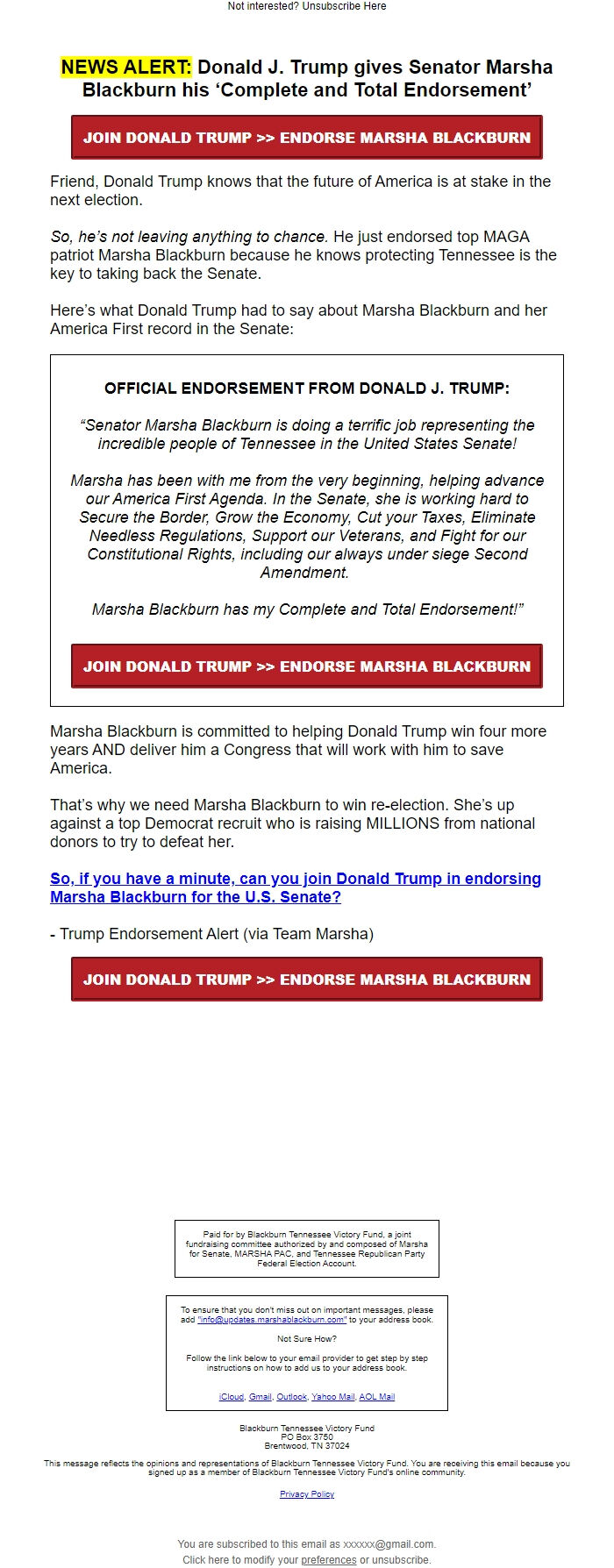 Screenshot of the email generated on import