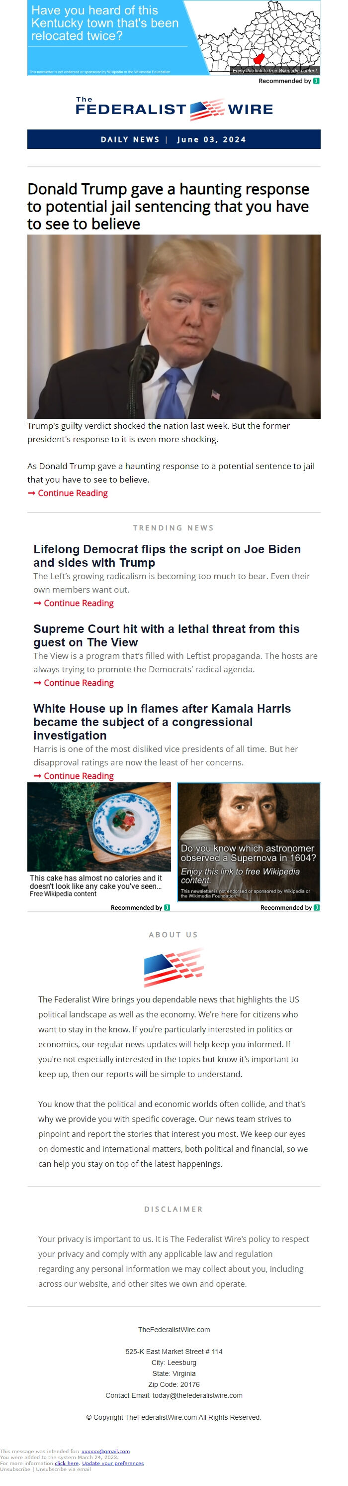 Screenshot of the email generated on import