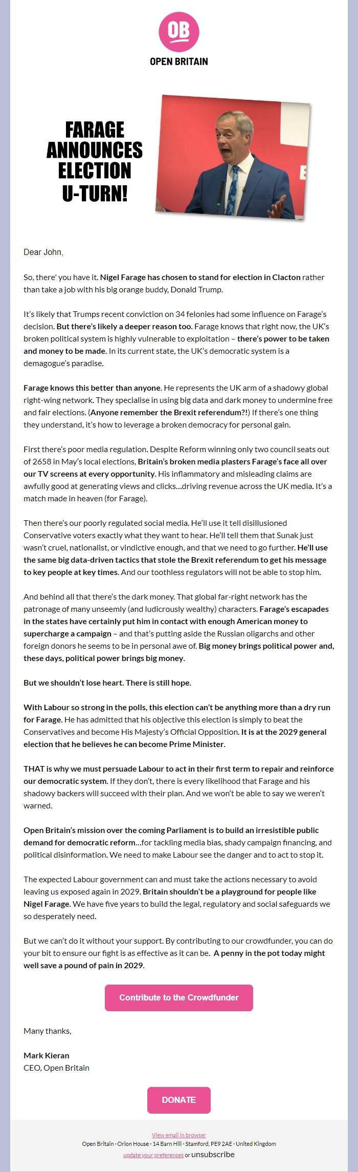 Screenshot of the email generated on import