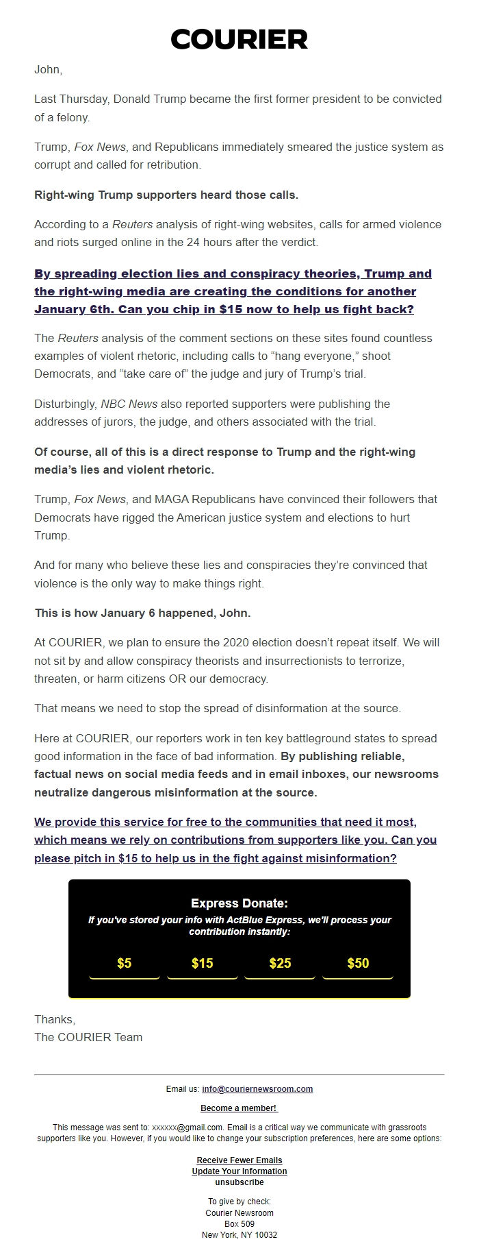 Screenshot of the email generated on import