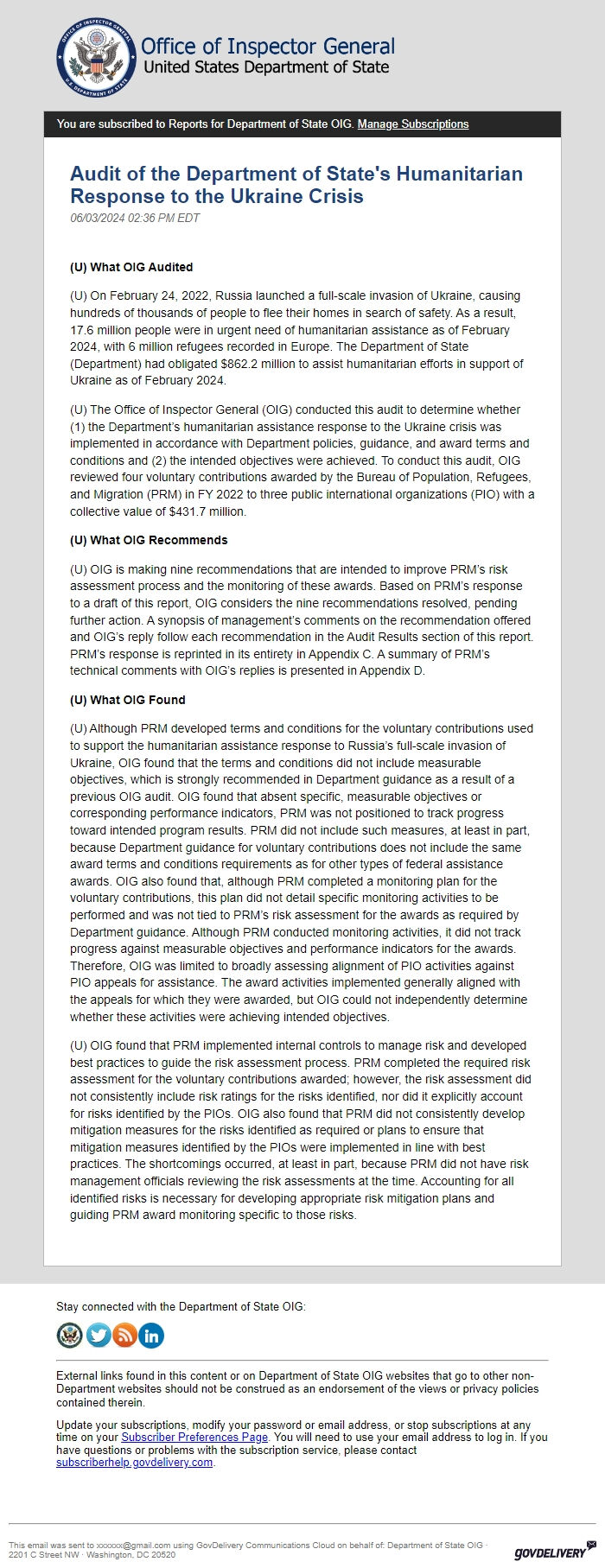 Screenshot of the email generated on import