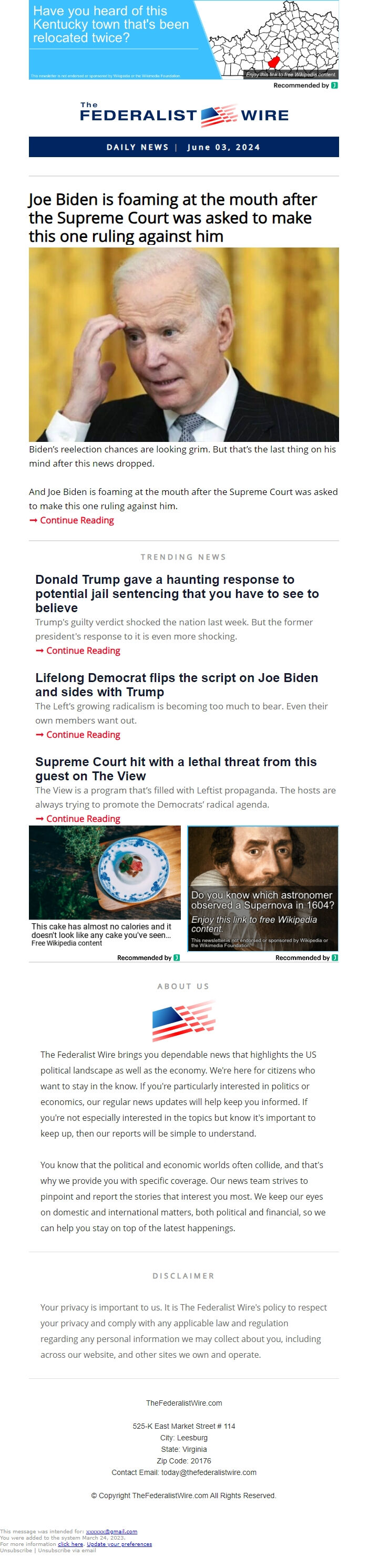 Screenshot of the email generated on import