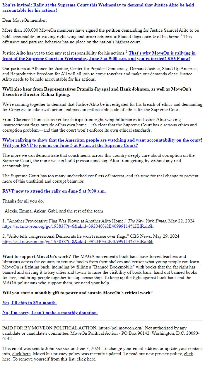 Screenshot of the email generated on import