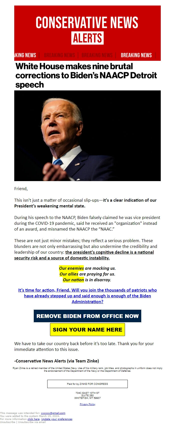 Screenshot of the email generated on import