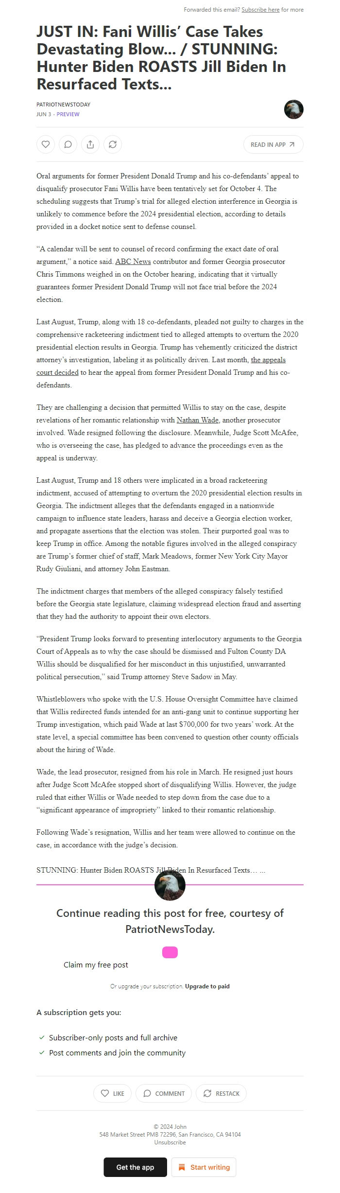 Screenshot of the email generated on import