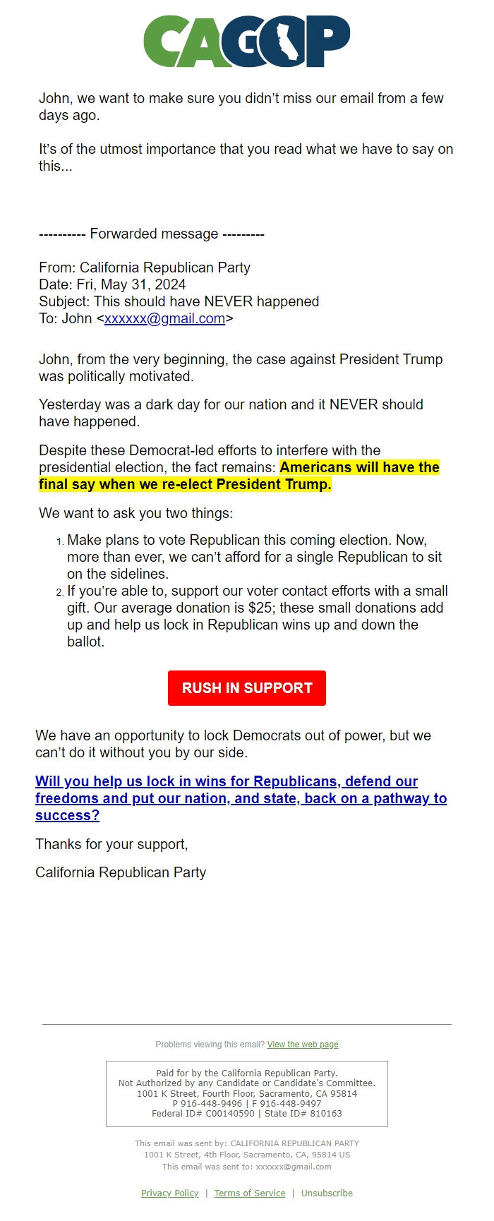 Screenshot of the email generated on import