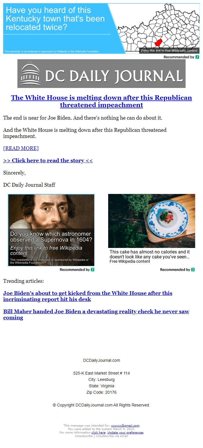 Screenshot of the email generated on import