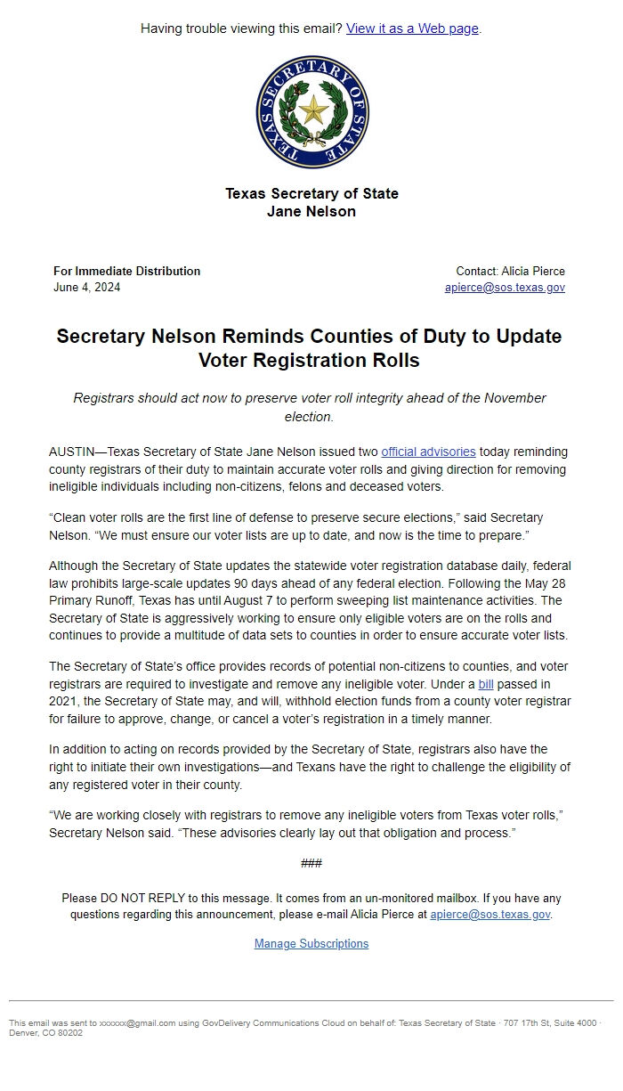 Screenshot of the email generated on import