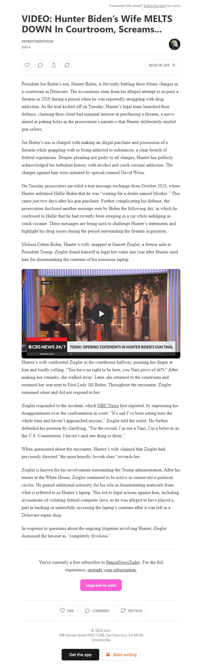 Screenshot of the email generated on import