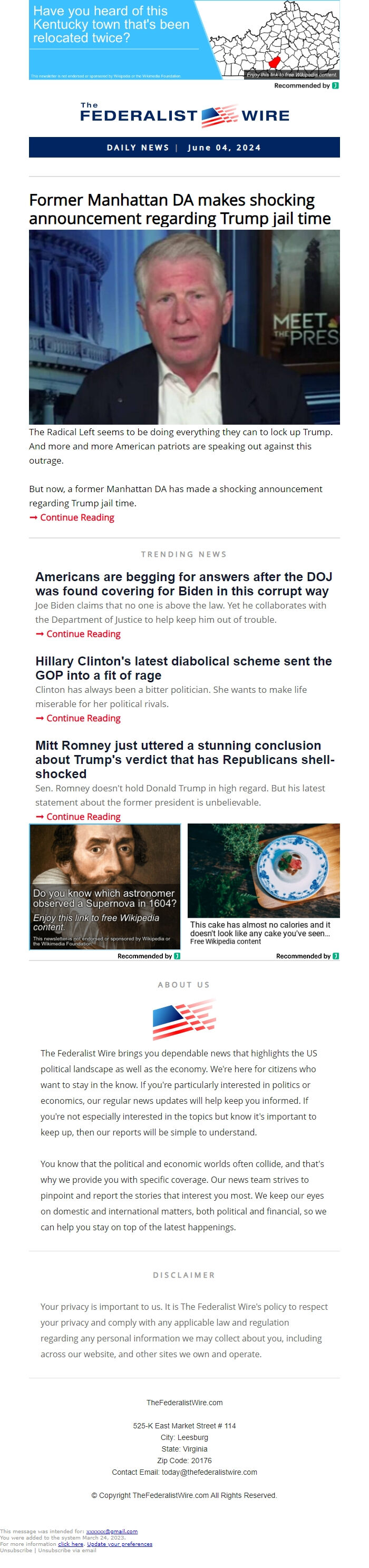 Screenshot of the email generated on import