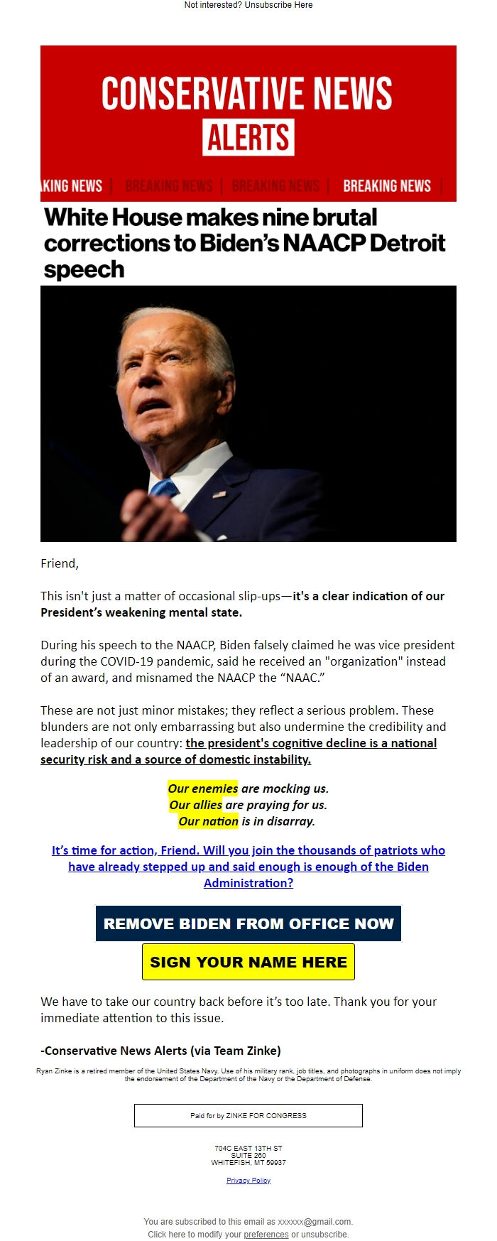 Screenshot of the email generated on import