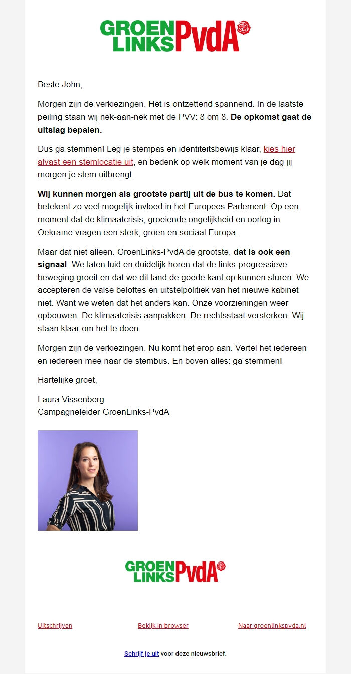 Screenshot of the email generated on import