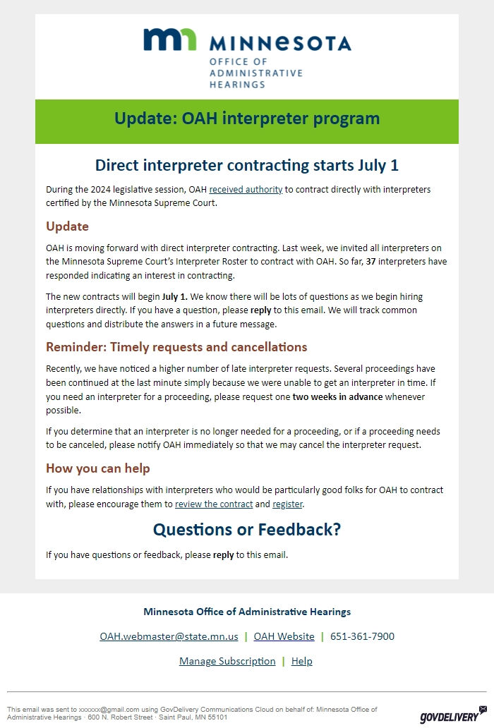 Screenshot of the email generated on import