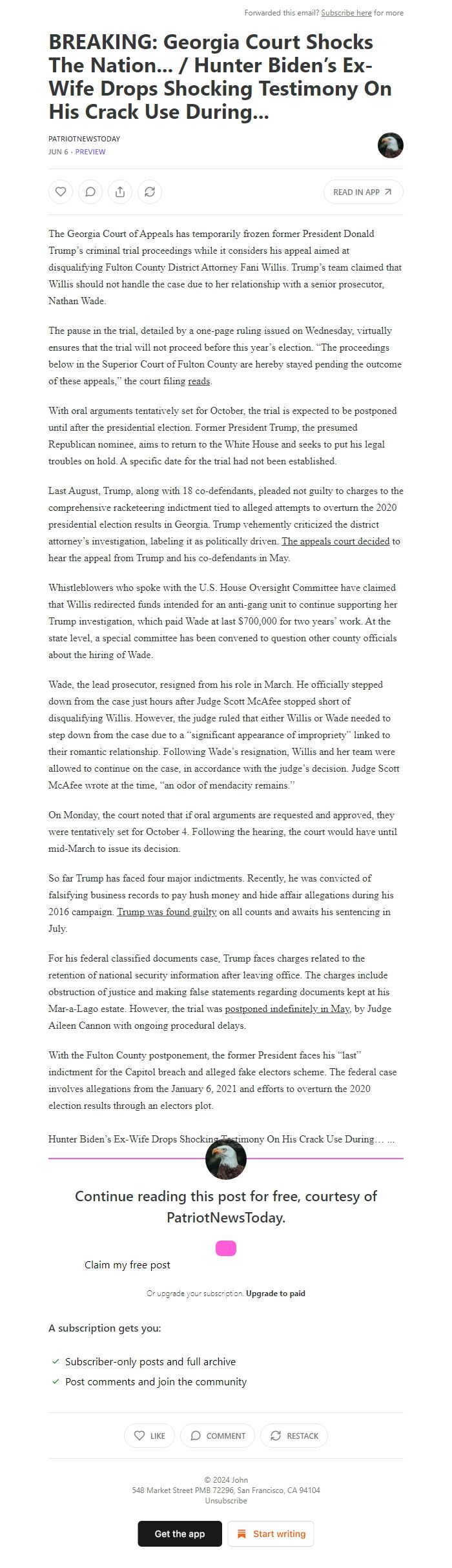 Screenshot of the email generated on import