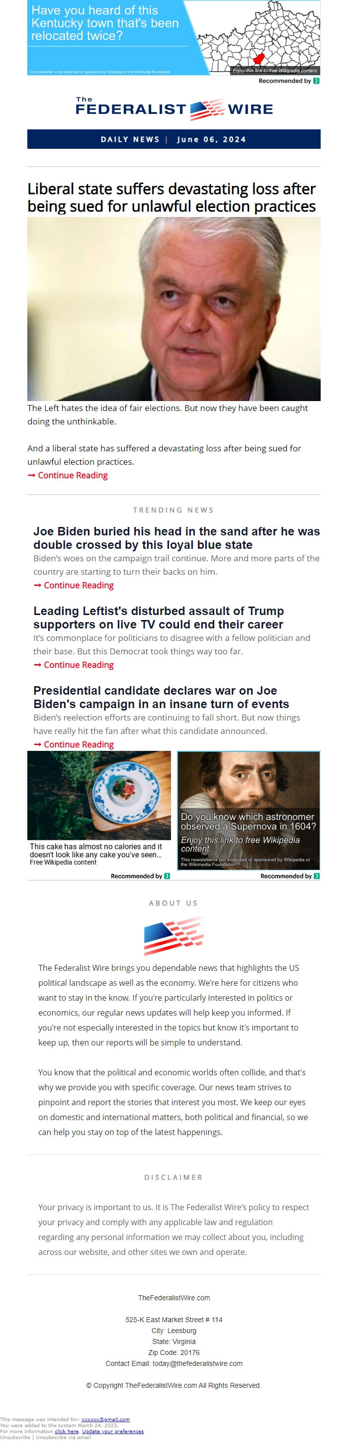 Screenshot of the email generated on import